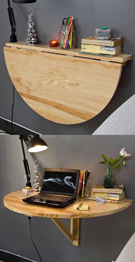 This a drop table. A small part of it is affixed to the wall and could serve as a space to place your things in. Then it could be propped up by a support underneath that will hold it up and become a table. It also comes with a socket underneath for your charging or your light. Small Bedrooms, Trendy Diy, Diy Bedroom, Diy Kitchen Storage, Remodeled Campers, Bedroom Designs, Space Saving Furniture, Remodel Bedroom, A Desk