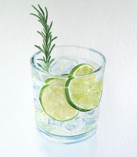 Gin And Tonic Watercolor, Gin And Tonic Painting, Gin And Tonic Drawing, Gin Painting, Gin Tonic Illustration, Gin Drawing, Drinks Painting, Beer Watercolor, Mango Bar