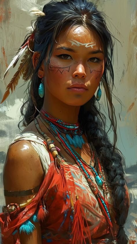 Red Indian Character Design, Native Woman Art, Native American Fantasy Art, Fantasy Native American, American Indian Girl, Native American Woman, Native American Paintings, Native American Artwork, Spiritual Tattoos