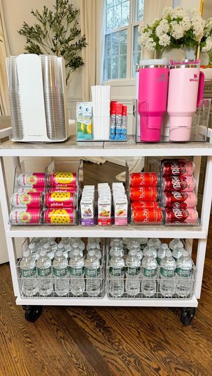 1.1M views · 48K reactions | New Drink Station Organization 🤩🤩 This beverage cart fits perfectly in our pantry but also works great as a drink station/snack area for parties and gatherings. #organization #organizedhome #pantryorganization #snackorganization #momlife #kitchenorganization #drinkorganization #foryou | Micah Enriquez | Lesley Gore · Misty Organisation, Drink Mix Organization, Drink Packet Organization, Snack Area In Bedroom, Bedroom Snack Station, Snack Station Ideas, Snack Area, Desk Snacks, Water Bar