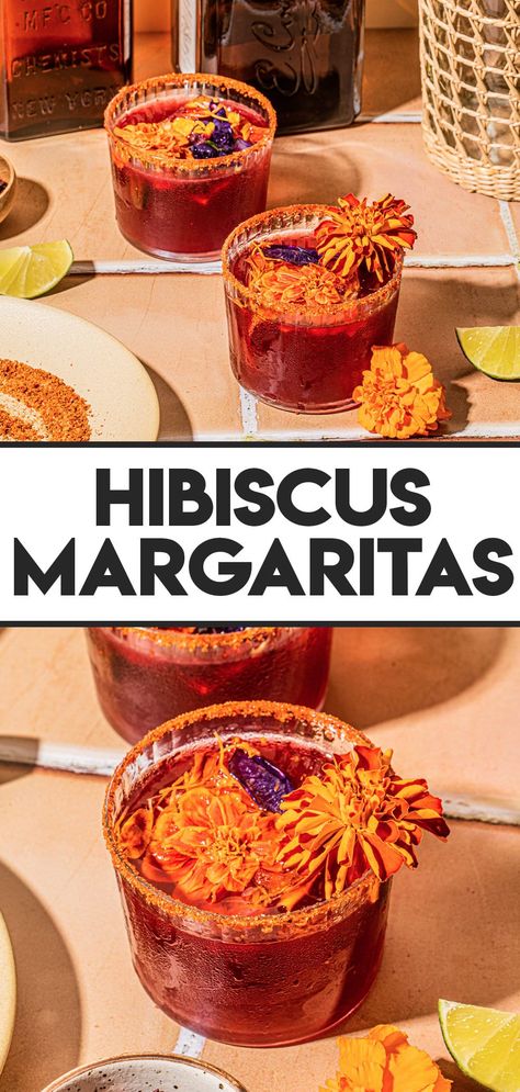 Cheers to Hibiscus Margaritas, which feature notes of hibiscus flowers that are fresh, fruity and floral. The homemade hibiscus simple syrup takes this cocktail to another level - and so easy to scale the recipe up for a party! #hibiscusmargaritas #margaritarecipes Hibiscus Dessert Recipe, Hibiscus Syrup Drink Recipes, Spicy Hibiscus Margarita, Hibiscus Margarita Recipe, Dried Hibiscus Flower Recipes, Hibiscus Flower Recipes, Hibiscus Flower Drink, Hibiscus Simple Syrup Recipe, Hibiscus Martini