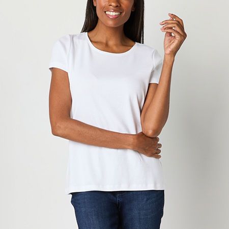 Deemed a Gotta-Have-It item for value you can count on every day! For a chic everyday essential, try this St. John's Bay women's short-sleeve t-shirt. Cut from 100% cotton, this pullover tee has short sleeves and a crew neckline. Style yours with skinny denim and boots.Features: EssentialsClosure Type: Pullover HeadFit: Regular FitNeckline: Crew NeckSleeve Length: Short SleeveApparel Length: 26 InchesFiber Content: 100% CottonFabric Description: Rib KnitCare: Tumble Dry, Machine WashCountry of Origin: Imported T Shirt Cut, Large Shirts, Crew Neckline, Everyday Essentials Products, Shirts Tops, Classic T Shirts, Short Sleeves, Crew Neck, T Shirts For Women