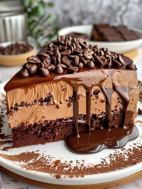 This recipe combines rich chocolate cake layers with a decadent coffee-infused mousse for a delightful mocha mousse cake.  Ingredients ❤️  For the Chocolate Cake: 1 1/2 cups all-purpose flour 3/4 cup unsweetened cocoa powder 1 1/2 teaspoons baking powder 1/2 teaspoon baking soda 1/4 teaspoon salt 1/2 cup unsalted butter, softened 1 1/2 cups granulated sugar 3 large eggs 1 teaspoon vanilla extract 1 cup milk 1/2 cup strong brewed coffee (cooled) For the Mocha Mousse: 1 envelope (2 1/4 teaspoons) Chocolate Cake Cups, Chocolate Mocha Cake Recipe, Mocha Mousse Cake, Coffee Chocolate Cake, Drippy Cakes, Chocolate Cake Layers, Mocha Mousse, Strawberry Sugar Cookies, Mocha Cake