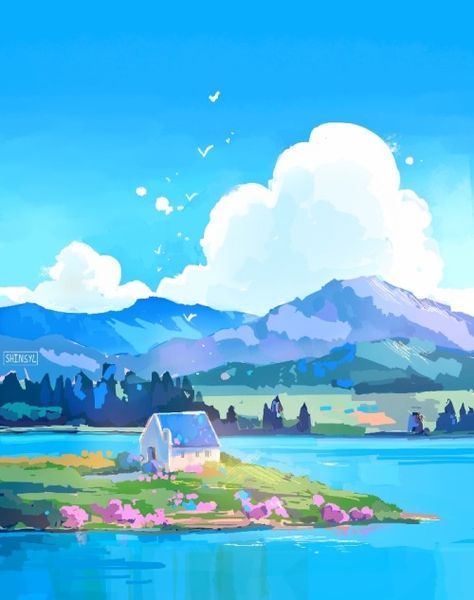 Juste une vision — “I think any place can be special if you try hard... Digital Background Painting, Pink Cute Painting, Lake Drawing Reference, Lake House Illustration, Drawing Ideas Backgrounds, Landscape Ideas Drawing Coloring, Gouache Cottagecore, Aesthetic Landscape Drawing, Lake Reference