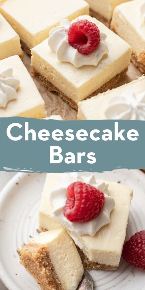 These easy cheesecake bars taste like your favorite creamy homemade cheesecake, minus the water bath! It's a classic dessert that's perfect for celebrations, weekday snacking, or gifting. 9x13 Cheesecake Recipes Easy, Cheesecake Squares Recipes Easy, Sheet Pan Cheesecake Bars, Sheet Cheesecake Recipes, Cheesecake Bar Recipes Easy, Cheesecake Bars Recipes 9x13, Rectangle Cheesecake, No Bake Cheesecake Bars 9x13, Cheesecake Squares Recipes