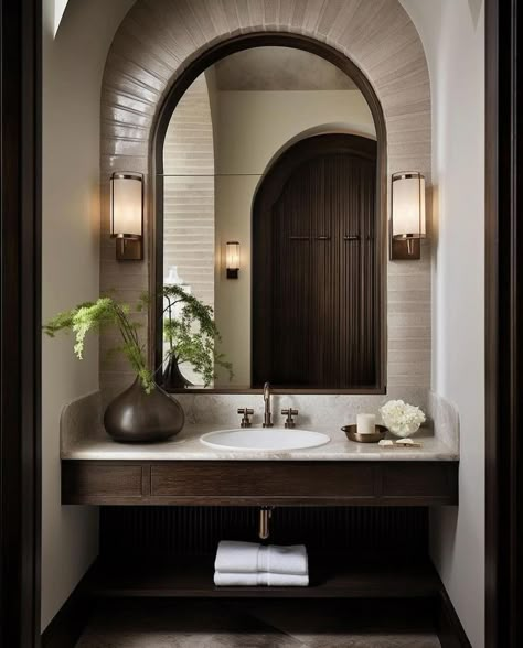 Modern Spanish Home, Luxury Powder Room, Spanish Homes, Powder Room Design, Brown Bathroom, Bathroom Inspiration Decor, Spanish House, Elegant Bathroom, Dream House Interior