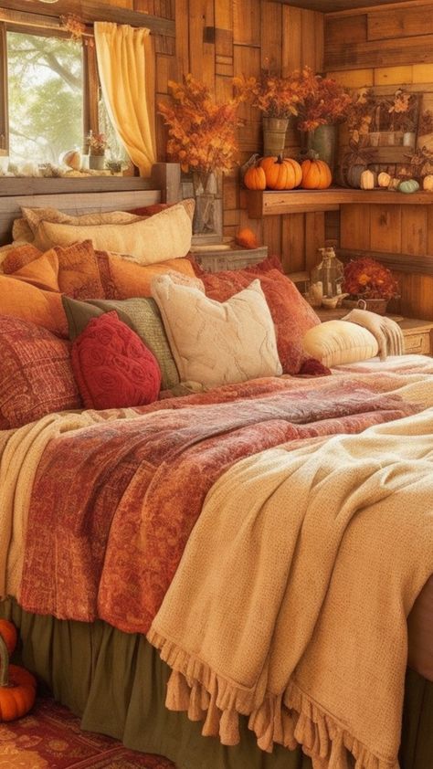 Vintage Fall Bedroom, House Fall Decorations, The Burrow Interior, Pumpkin Spice Bedroom, Fall Color Bedding, Pumpkin Bedroom Decor, Dream Cottage Bedroom, Fall Cottage Bedroom, Fall Decor In Bedroom