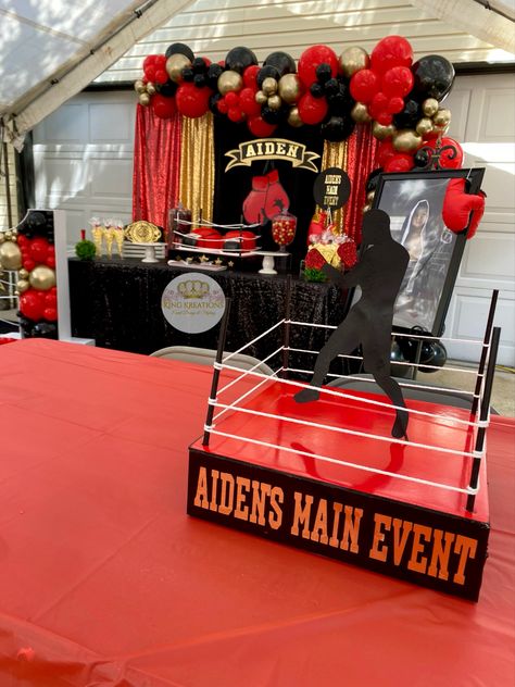 Boxing themed birthday party ideas Wrestling Themed Birthday Party, Wrestling Party Decorations, Boxer Theme Birthday Party, Ufc Party Ideas Decorations, Boxing Theme Party Ideas Decorations, Boxing Theme Centerpiece Ideas, 2nd Birthday Boxing Theme, Wwe Centerpieces Ideas, Boxing Themed Birthday Party