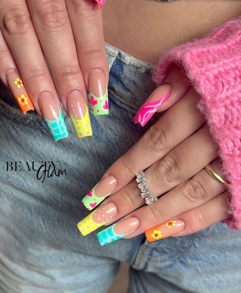 Mix Match Nails, Rave Nails, Spring Nails 2023, Acrylic Nails Ideas, Nail 2023, Nails Acrylic Coffin, Almond Acrylic, Unghie Nail Art, Crazy Nail Art