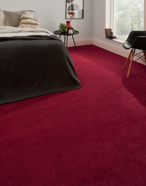 New carpet can take an ordinary room and make it breathtaking. Transform your room now with Our Rio Berry carpet! Combining blends of ruby red and cool burgundy tones, our Rio Berry carpet offers a dynamic yet elegant look that promises to uplift any room in your home. Our Rio Range has a pile height of 10mm, providing comfort and a plush underfoot feeling. This stylish twist pile carpet is great for domestic use and is perfect for living rooms and bedrooms, its polypropylene fibres make it easy Red Carpet For Living Room, Red Carpet Room Ideas, Red Carpet Bedroom Ideas, Bedroom Red Decor, Maroon Carpet Bedroom, Room Carpet Ideas Bedrooms, Red Carpet Living Room Ideas, Bedroom Red Carpet, Red Carpet Room