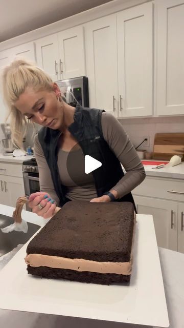 Whitney Berge on Instagram: "Filling & Frosting a Sheet Cake   Flavor- 3x Chocolate  Chocolate Cake Layers, Chocolate Buttercream Frosting and Semi Sweet Chocolate Ganache.  #theblondewhobakes #cakes #cake #cakedecorating #cakeoftheday #food #foodie #yum #chocolate #chocolateganache #chocolatelover #baking #dessert #cakevideo #cakesofinstagram #sheetcake #instagram #instagood #instafood" Sheet Cake Layer Cake, Chocolate Birthday Sheet Cake Decoration, Chocake Cake Decorating, Chocolate Raspberry Sheet Cake, Cake Decorating Chocolate Frosting, Chocolate Bundt Cake Decorating Ideas, Diy Chocolate Cake Decoration, Chocolate Lover Birthday Cake, Plain Chocolate Cake Design