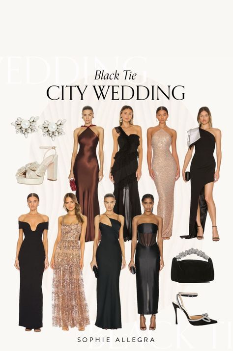 Formal Wedding Guest Attire Black Women, Black And Neutral Bridesmaid Dresses, Black Tie Attire Wedding, Blacktie Dresscode Outfit, New Year’s Eve Bridesmaid Dresses, Black Tie Wedding Mood Board, Black Tie Dresscode, Black Tie Neutral Wedding, Old Hollywood Wedding Guest Attire