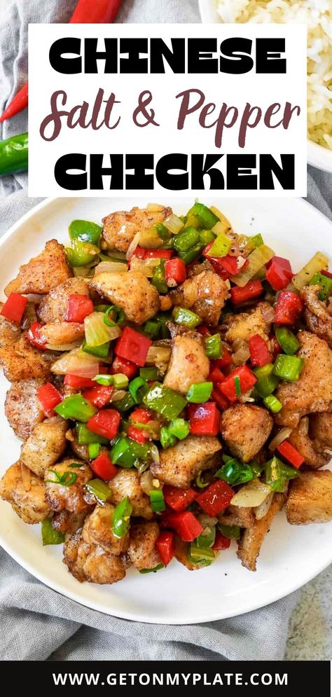 If you have never tried Chinese Salt and Pepper Chicken, here's the perfect recipe to get you started! This recipe is healthier than take out, but has the flavors of traditional salt and pepper chicken, without the deep frying and the super heavy taste of five spice--I've mellowed this dish out to be the perfect, 30 minute stir fry! #asiancooking #easydinner #stirfry | www.getonmyplate.com Chicken And Hot Pepper Recipes, Chopped Chicken Recipes Healthy, Salt N Pepper Chicken, Salt N Pepper Chicken And Chips, Air Fryer Salt And Pepper Chicken, Chicken Pepper Steak, Peppered Chicken Chinese, Chicken Sweet Peppers Recipes, Salt And Pepper Chicken Chinese