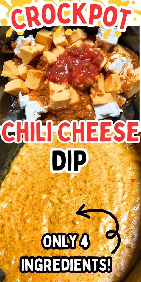 Get the party started with crockpot chili cheese dip! It's a quick 4-ingredient dip you can make ahead and heat in the crockpot. This slow cooker chili cheese dip uses Velveeta, cream cheese, chili, and salsa. With just a few ingredients, you can make it in minutes for group parties, family gatherings, and more! Crockpot Chili Cheese Dip, Easy Crockpot Dips, Chili Cheese Dip Crockpot, Cream Cheese Chili, Queso Dip Crockpot, Cheese Dip Crock Pot, Dip Recipes Crockpot, Slow Cooker Dips, Chili Cheese Dip