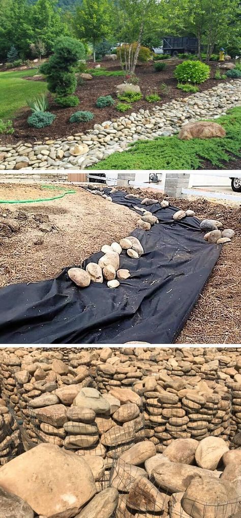 Dry Creek Bed Landscaping Plan - Farm.Food.Family Creek Bed Landscaping, Sloped Landscaping, House Drainage, Dry Pond, Dry Riverbed Landscaping, Creek Landscaping, Best Landscape Design, Creek Ideas, Landscape Drainage