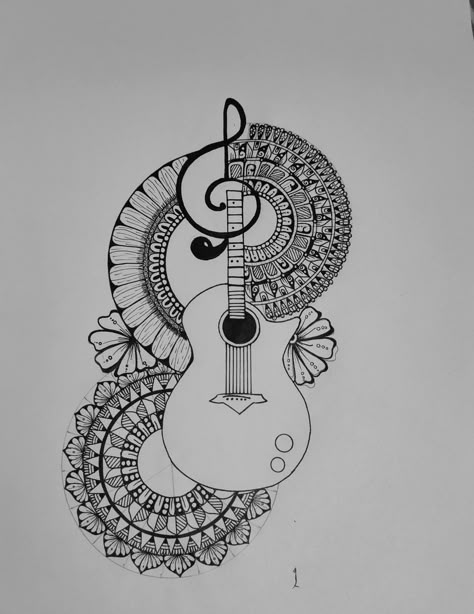 Mandala pattern Small Design Drawing, Mandala Book Tattoo, Guitar Mandala Drawing, Mandala Art Music, Drawing Ideas Guitar, Music Mandala Art, Guitar Mandala Art, Mandala Art Ideas Creative, Ganesh Sketch