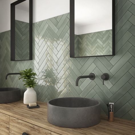 Bright Green Tile Bathroom, Green Subway Tile Bathroom Ideas, Green White And Wood Bathroom, Tile Bar Bathroom, Wow Tiles Bathroom, Subway Bathroom Tile Ideas, Two Tiles In Bathroom, Small Bathroom Green Tile, Bathroom Ideas Green Tiles