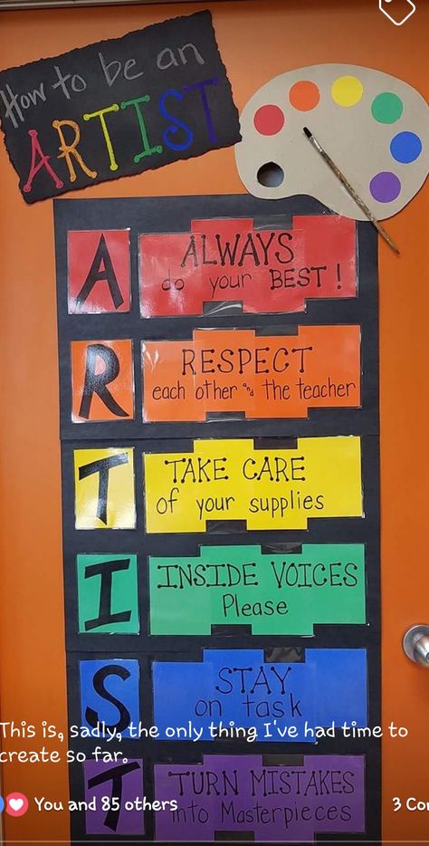 Artist Rules Poster, Art Room Theme Ideas, Art Classroom Table Signs, Posters For Art Classroom, School Art Room Ideas, Art Class Themes, Elementary Art Classroom Decorations Bulletin Boards, Middle School Art Teacher Outfits, Art Classroom Rules Elementary