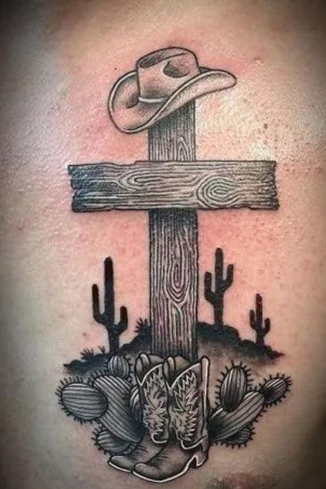 Cowboy Boots And Angel Wings Tattoo, Western Brand Tattoo Ideas, Men Country Tattoos, Praying Cowboy Tattoo, Cross With Cowboy Hat Tattoo, Cowboy Hat With Feather Tattoo, Cowboys And Angels Tattoo, Tattoo Ideas For Men Country, Western Tattoo For Men