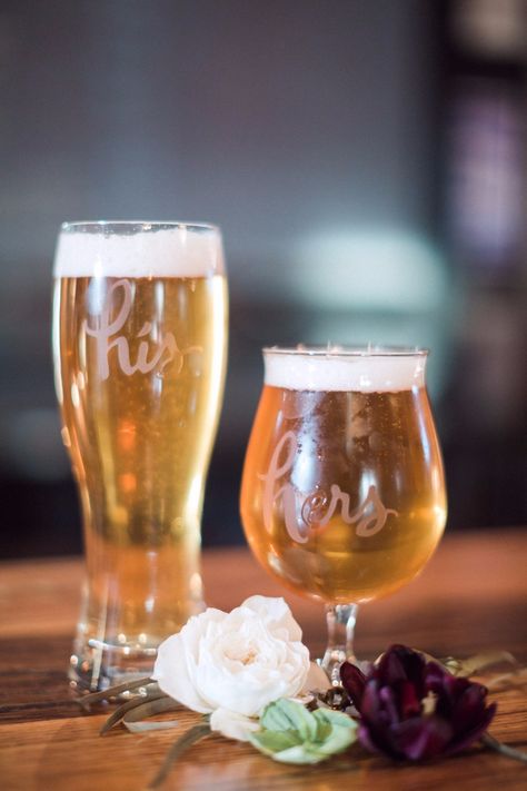 His and hers beer glasses Wedding Beer Mugs For Bride And Groom, Brewery Wedding Decorations, His And Hers Cocktails, Brewery Wedding Reception, Signature Drink Ideas, Rehearsal Dinner Food, Hops Wedding, Rehearsal Dinner Themes, Wedding In Florida