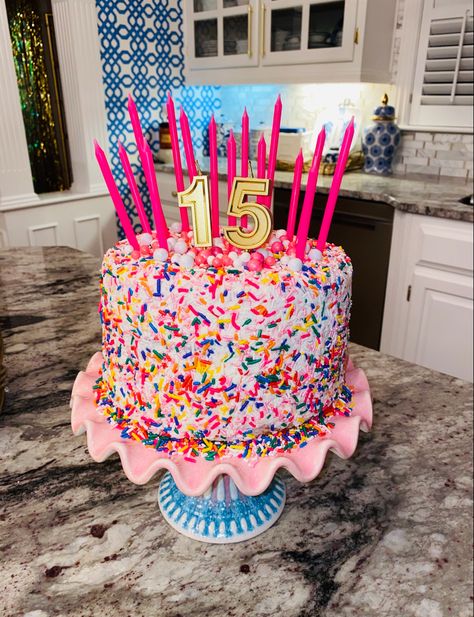 Multicolor, sprinkled, birthday, strawberry cake 13 Bday Cake Ideas, 15th Girl Birthday Party Ideas, Girly Bday Cakes, Girl 15th Birthday Ideas, Girls 15th Birthday Party Ideas, 15th Birthday Cake Ideas Girl, Birthday Cakes For 15th Birthday, Birthday Cake Ideas 13, 15th Birthday Party Ideas Girl