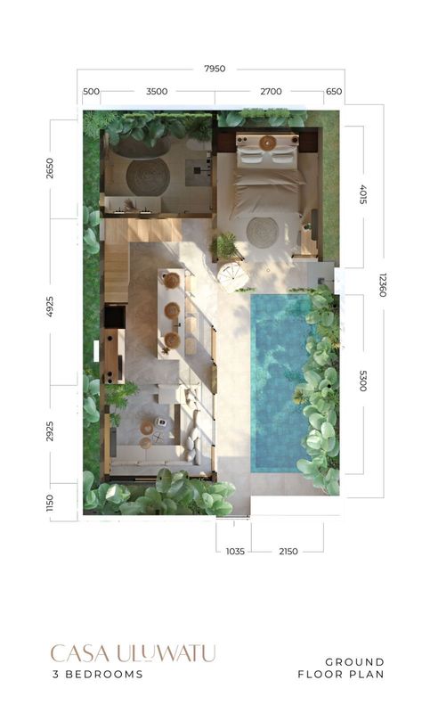 Bali House Plans Layout, Small Bali Villa Floorplan, 2 Bedroom Villa Floor Plan, Small Bali House, Tiny Villa Design, Ground Floor Plan House, Small Villa Plan, Small Villa Design, Tiny Villa