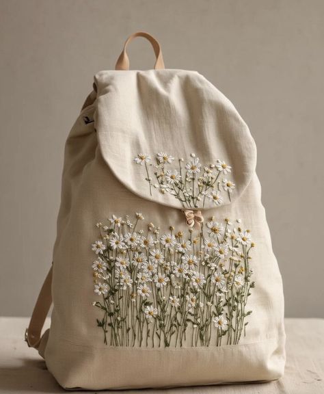 Embroidery On Backpack, Embroidered Canvas Bag, Backpack Embroidery, Tote Bag Embroidery Ideas, Creative Tote Bag, Embroidery Purse, Embroidered Backpack, Simple Hand Embroidery Patterns, Handmade Fabric Bags