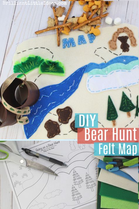 WOW! This Going on a Bear Hunt Felt Map with Printable is a great activity for kids Simple sewing for kids #goingonabearhunt #kidfun #printable #bearhuntmap Bear Hunt Story Sack, Bear Theme Preschool, Story Sacks, Going On A Bear Hunt, Story Sack, Felt Glue, Hunting Diy, Felt Kids, Nifty Crafts