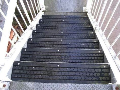 What a terrific use for old tire treads - not only would this improve stair safety, but it looks cool too! Shared by www.highroadorganizers.com Tire Craft, Reuse Old Tires, Tire Art, Tyres Recycle, Basement Stairs, Old Tires, Used Tires, Cool Ideas, Reuse Recycle