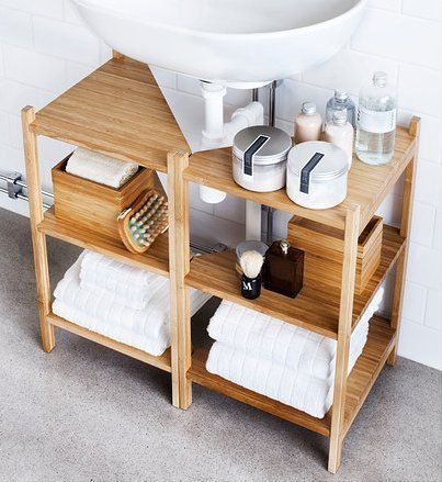 bathroom organization Ragrund Ikea, Corner Shelf Ikea, Pedestal Sink Storage, Lavabo D Angle, Sink Shelf, Diy Bathroom Storage, Wall Mount Sink, Bad Inspiration, Decor Baie