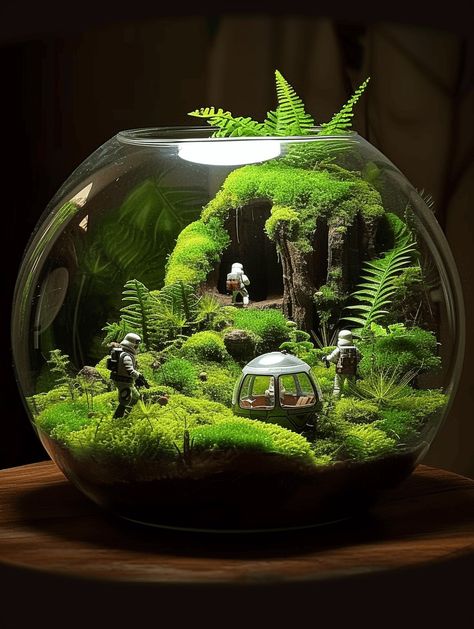 38 Fantastic Moss Terrarium Ideas You Can Have At Home Fake Plant Terrarium, Moss Terrarium Ideas, Fantasy Terrarium, Terrarium Miniatures, Moss Terrariums, Best Terrarium Plants, Terrarium Scene, Succulent Rock Garden, Build A Terrarium