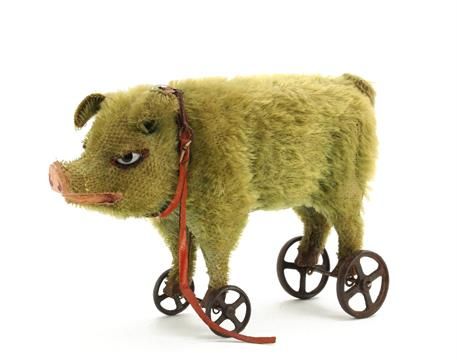 An unusual German green mohair pig on wheels, with carton body, white and black eliptical glass e Museum Of Curiosity, German Toys, Toys In The Attic, Arte Folk, Vintage Plush, Old Dolls, Tin Toys, Pull Toy, Retro Toys