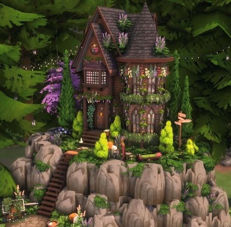 Sims Glimmerbrook House, Sims 4 Houses Witchy, Fairy Sims 4 House, Sims Fantasy House, Sims 4 Witches House, Sims 4 Fairy Cottage, Magic House Sims 4, Sims 4 Witch House No Cc, Sims 4 Witch House Cc