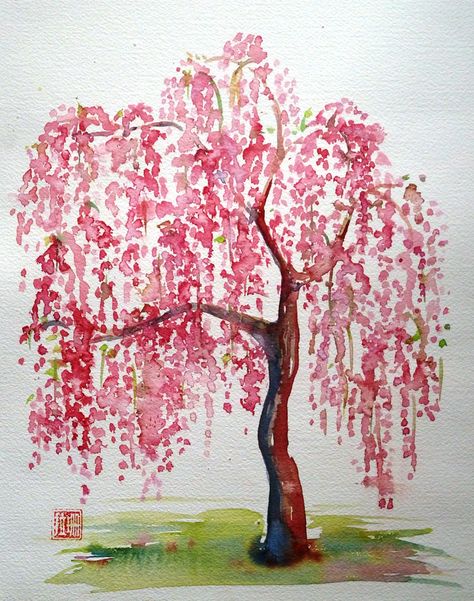 Cherry Tree - Kisses  Chaos Blossom Tree Watercolour, Watercolor Art Cherry Blossom, Watercolor Cherry Blossom Tree, Cherry Blossom Oil Pastel, Pink Tree Drawing, Pink Willow Tree, Water Colour Tree, Water Color Trees, Pink Tree Painting