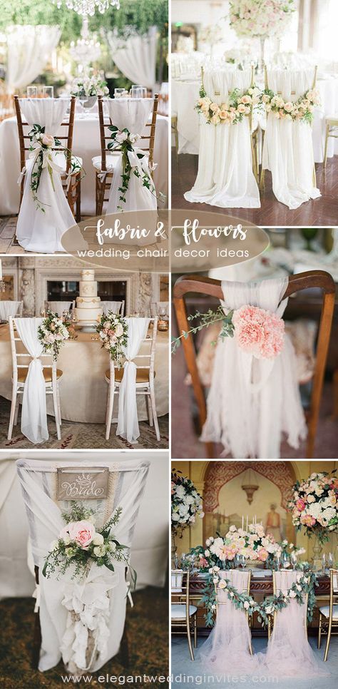 romantic garden inspired fabric and flower wedding chair decoration Ideas Wedding Head Table Chairs, How To Dress Up Chairs For Wedding, Flowers For Wedding Chairs, Chair Decoration For Wedding, Bridal Chairs Ideas, Decorating Wedding Chairs, Wedding Seat Cover Ideas, Chair Wedding Decorations, Decorate Wedding Chairs