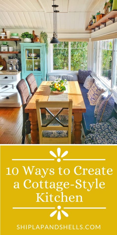 There are so many reasons to love cottage-style home decor. This comfy, cozy, relaxed, "anything goes" way of living is easy to achieve using these 10 easy ways to create a charming cottage-style kitchen. Eclectic Beach Cottage, Small Beach House Kitchen Cottage, Cottage Core Sunroom, Cottage Core Beach House, Cozy Cottage Core Kitchen, Home Interior Design Cottage Core, Cottage Core House Interior, English Cottage Style Kitchen, Cottage Core Kitchen Ideas