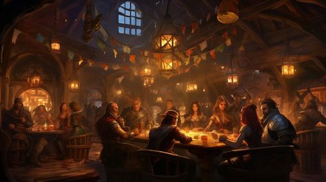 Barracks Fantasy Art, Tavern Interior Art, Medieval Tavern Aesthetic, Fantasy Tavern Art, Tavern Concept Art, Fantasy Tavern Aesthetic, Tavern Background, Fantasy Pub, Tavern Party