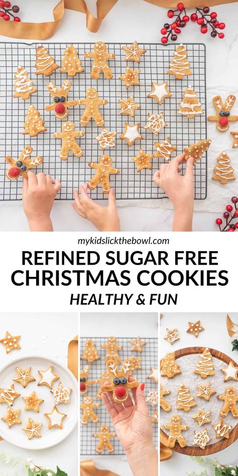 Low Sugar Christmas Cookie Recipe, refined sugar free cookies, allergy-friendly gluten free, egg free and dairy free perfect for kids Christmas Cookies For Babies, Allergen Free Christmas Cookies, Sugar Cookie Icing For Kids, Toddler Friendly Christmas Cookies, Refined Sugar Free Christmas Cookies, Low Sugar Cookies For Kids, Healthy Biscuits For Kids, Christmas Cookies Toddlers, Dye Free Christmas Cookies