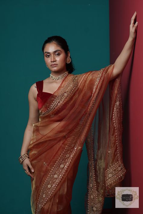 Ferozi Colour Saree, Maroon Colour Blouse Design, Copper Colour Saree, Tissue Saree Look, Golden Tissue Saree, Sonam Kapoor Saree, Tissue Organza Saree, Tissue Lehenga, Saree Inspiration