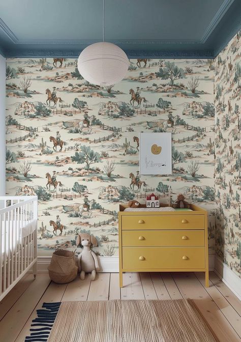 Western Cowboy Peel and Stick Wallpaper Mural with Horses and Desert Landscape Pattern for Rustic Home Decor pv066 Western Nursery Mural, Western Wallpaper Peel And Stick, Western Chic Nursery, Red Western Wallpaper, Vintage Cowboy Wallpaper, Western Toddler Room, Vintage Western Wallpaper, Cowboy Baby Room, Cowboy Nursery Baby Boy