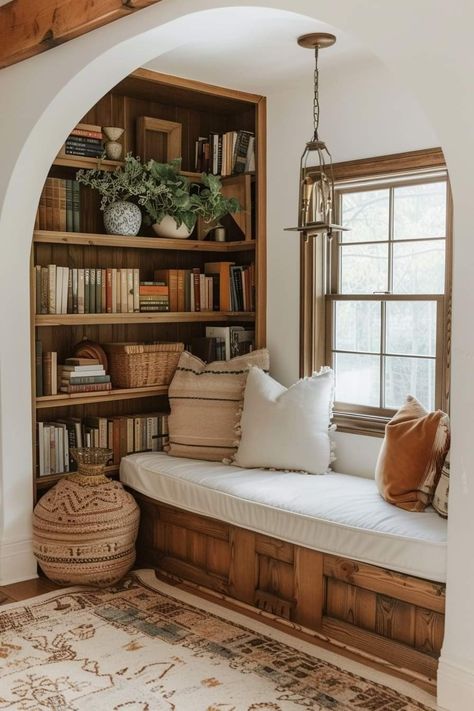 Interior Design Cozy Minimalist, Cottage Tea Room, Realistic Interior Design, Home Library Design, Dream House Interior, Home Library, Dream House Decor, Window Seat, House Inspo