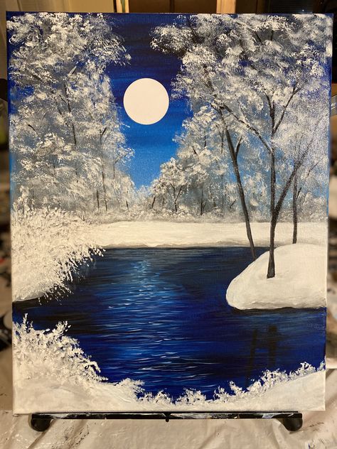 Seasonal Acrylic Paintings, Snow Paintings On Canvas, Cold Painting Ideas, Paint Winter Scenes, Snow Mountain Painting Acrylic, Winter Landscape Painting Easy, Snow Painting Acrylic Winter Scenes Easy, Acrylic Snow Painting, Winter Painting Ideas Acrylic