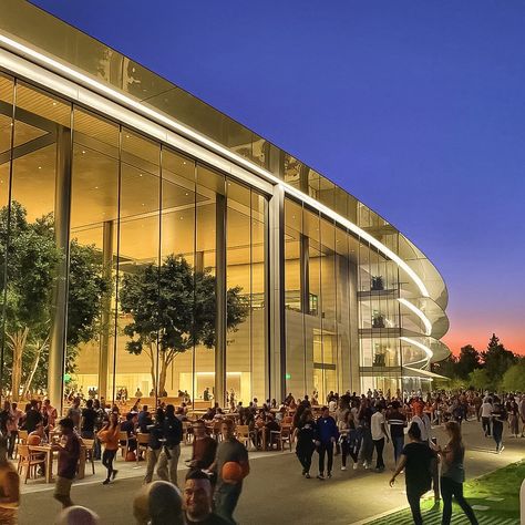 Apple Park Cafe after dark Apple Headquarters, Park Cafe, Apple Park, Parking Design, Restaurant Interior Design, Silicon Valley, Apple Store, Restaurant Interior, After Dark