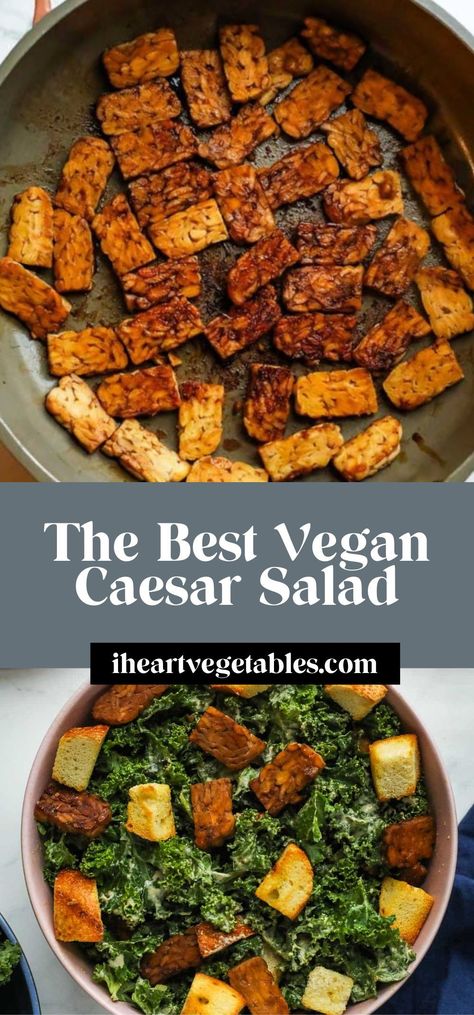 This tasty plant-based twist on a classic Caesar salad is perfect for a filling, healthy, and flavorful lunch! Made with tender kale, crunchy croutons, and savory tempeh, this recipe is so satisfying! High Protein Vegan Snacks, Vegan Caesar Salad, Vegan Caesar, Kale Caesar Salad, Plant Based Soups, Vegetarian Quinoa, Classic Caesar Salad, Vegan Worcestershire Sauce, High Protein Vegan