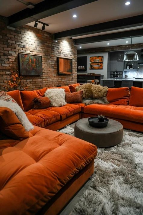 5 Tips for Choosing Basement Wall Colors Painted Paneling Basement, Chill Basement Vibes, Brick Wall Basement, Orange Basement, Fun Basement Ideas, Eclectic Basement, Basement Ventilation, Bright Basement, Basement Wall Colors