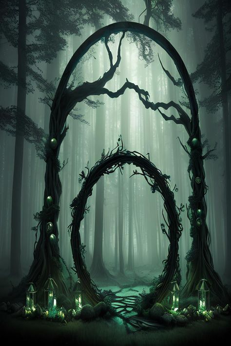 Venture into the unknown and uncover the secrets of a forest brimming with intrigue. Witness the extraordinary sight of a mystical portal opening in the heart of the woods, beckoning you to embark on an unforgettable adventure. Magical Woods, Fae Portal, End Portal Design, Forest Witchcraft, Portals Fantasy Art, Forest Portal, Heart Of The Forest, Portal Opening, Magical Portal Fantasy Entrance