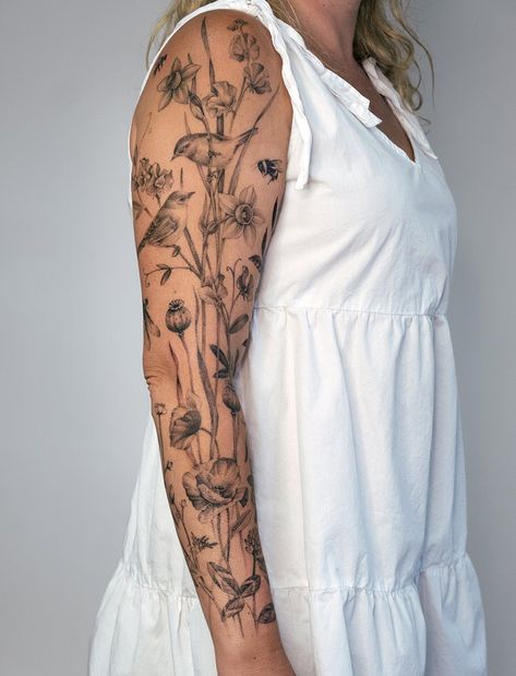 Patchwork Sleeve With Vines, Garden Theme Sleeve Tattoo, Butterfly Garden Tattoo Sleeve, Flower Garter Tattoo, Greenery Tattoo Sleeve, Botanical Leg Tattoo, Wildflower Tattoo Sleeve, Floral Leg Sleeve Tattoo, Wildflower Sleeve Tattoo