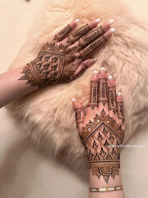 Immerse yourself in the elegance of henna tattoo designs, where ancient symbols are reimagined through modern artistry. Ideal for those looking to express themselves with designs that are both timeless and temporary. A fusion of culture and creativity. #hennadesign #mehndi #henna #mehendi Mehendi Design Bridal Mehndi, Mehndi Designs Traditional, Aesthetic Mehndi Design, Mehendi Design Bridal, Mehndi Design Indian, Blouse Design Wedding, Blouse Design Pattern, Simple Engagement Party, Gold Bangle Design