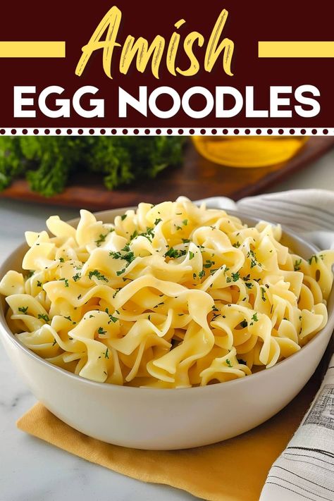 These Amish egg noodles are creamy, comforting, and delicious! The simple blend of parsley and butter is the perfect coating for tender pasta. Creamed Noodles, Pasta Nest Recipes, Noodles For Thanksgiving Dinner, Side Dishes With Egg Noodles, Amish Buttered Noodles, Recipe For Egg Noodles, Wide Egg Noodles Recipes, Egg Noodles Side Dish, Diy Egg Noodles