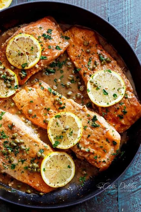 Easy Salmon Piccata - Cafe Delites Salmon Piccata Recipe, Salmon Piccata, Piccata Recipe, Garlic Butter Salmon, Butter Salmon, Garlic Salmon, Cafe Delites, Easy Salmon, Gourmet Cooking